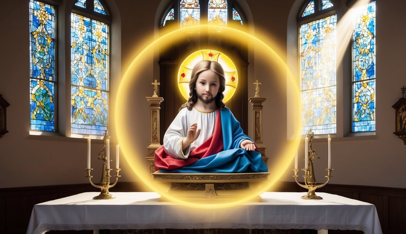 A glowing halo surrounds the Infant Jesus of Prague, radiating a sense of peace and spiritual connection.</p><p>Light streams in from a stained glass window, casting colorful patterns across the altar