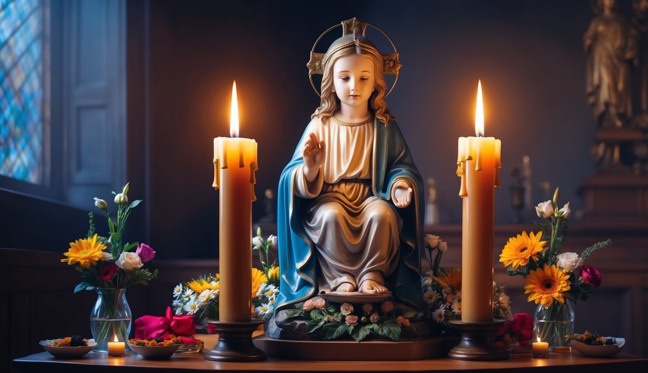 Candles flicker beside a statue of the Infant Jesus of Prague, surrounded by flowers and offerings in a peaceful, dimly lit room