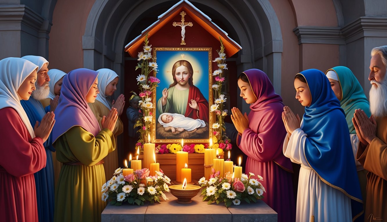 A small shrine with lit candles and flowers, surrounded by devout followers praying in front of an image of the Infant Jesus of Prague