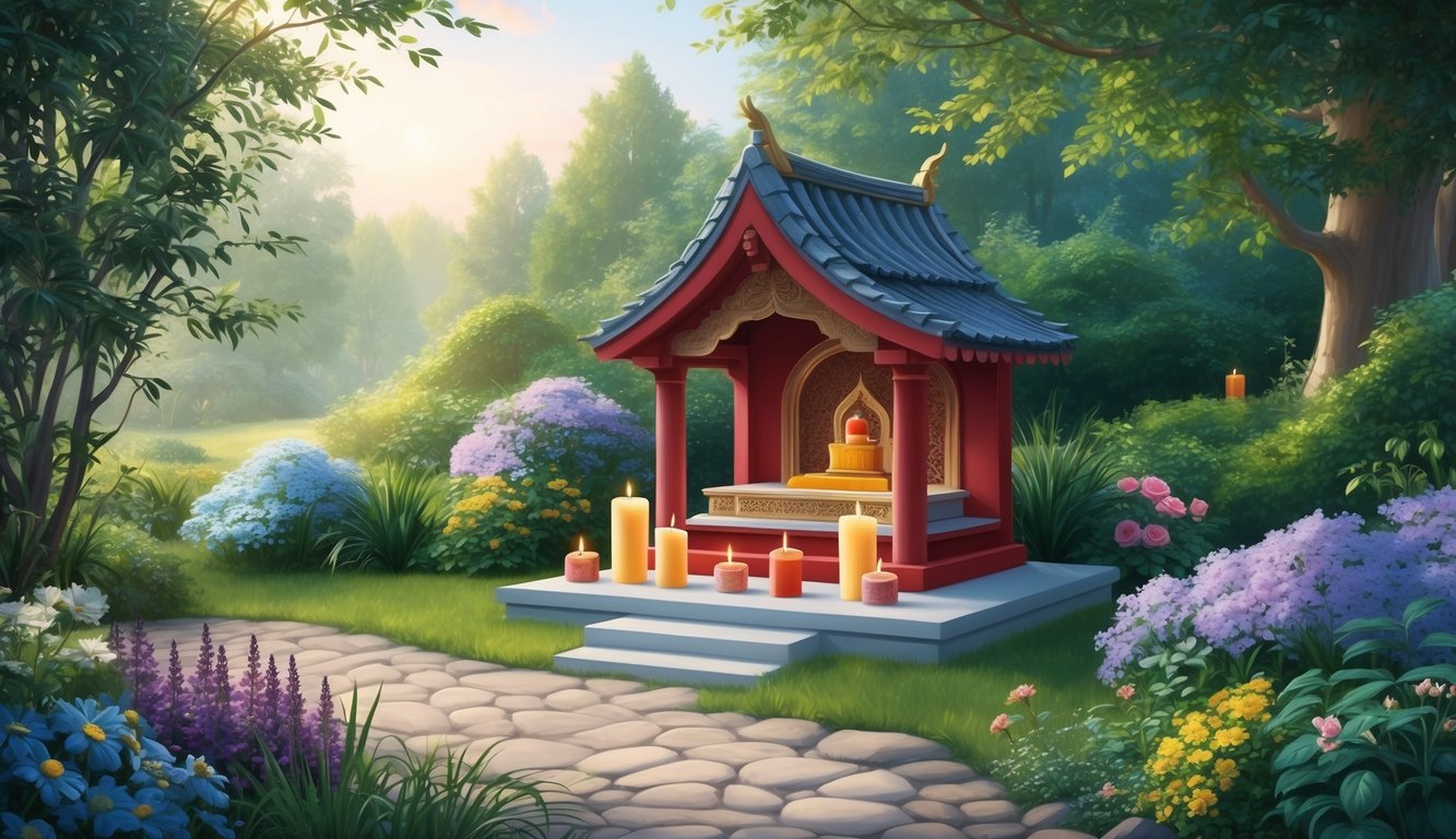 A serene garden with a small shrine, candles, and flowers, surrounded by peaceful nature