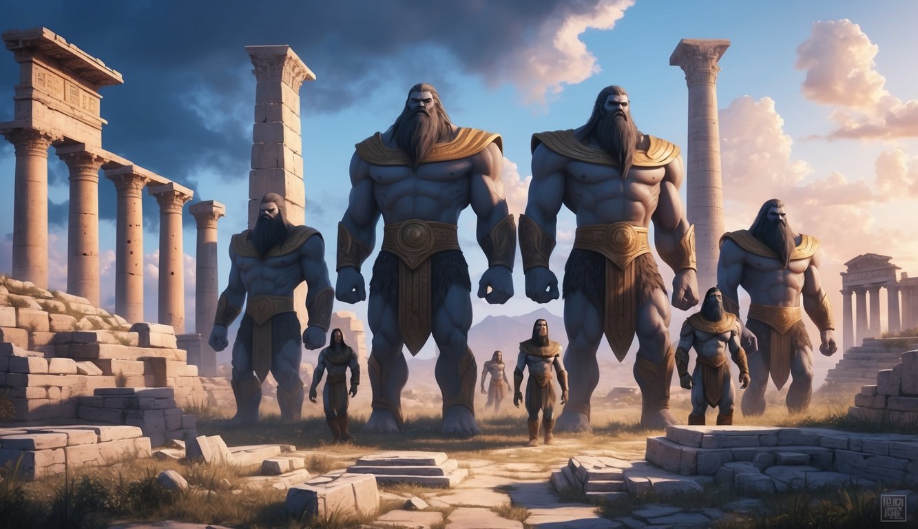 A group of towering nephilim giants stand amidst ancient ruins, surrounded by symbols of their cultural and historical significance