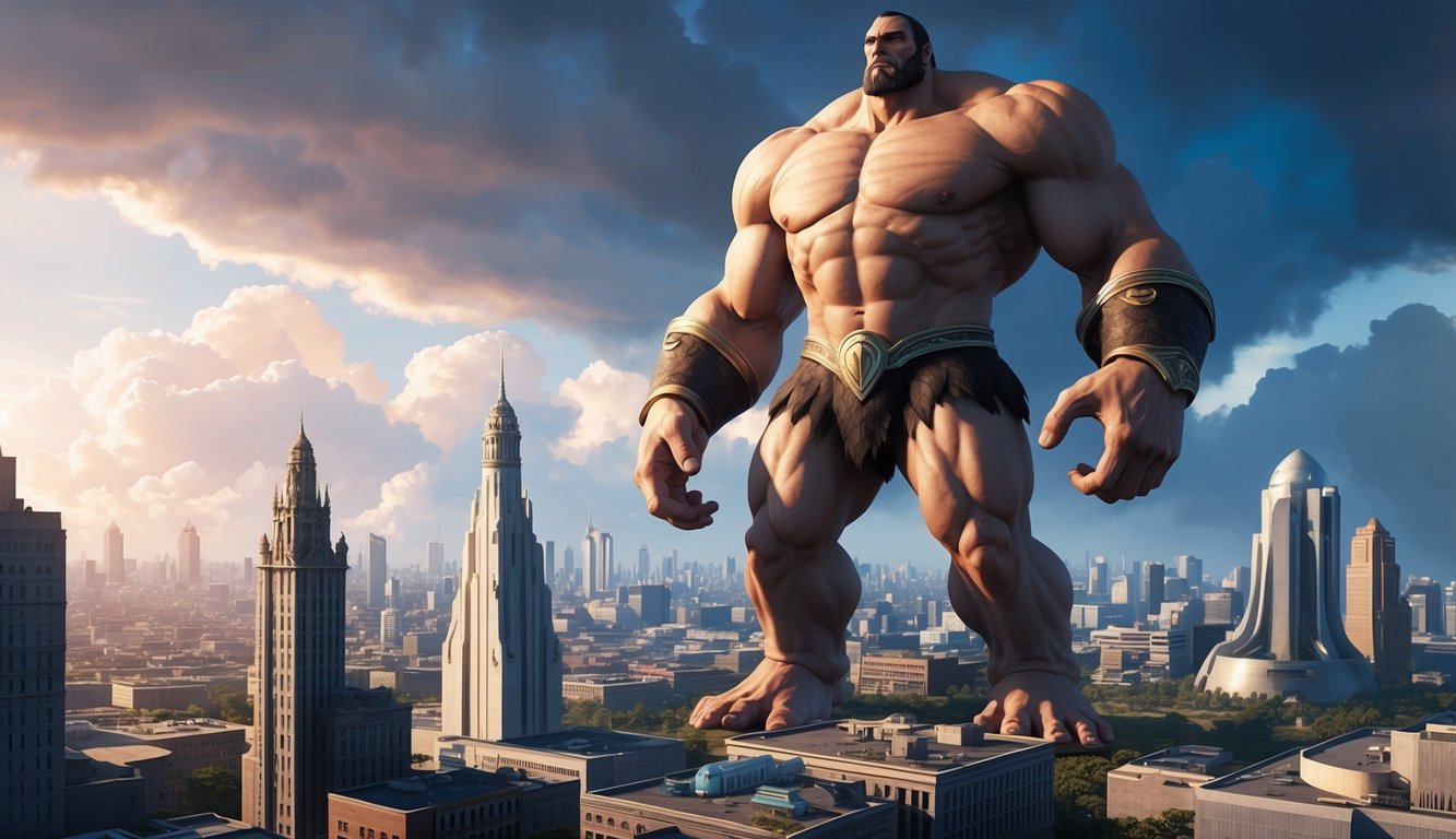 A towering nephilim giant looms over a bustling city, its presence both feared and revered by the modern populace