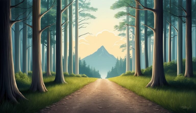 Dirt path through a forest leading to a mountain peak in the distance