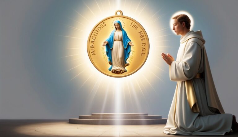 Man kneeling in prayer before a golden medallion of the Virgin Mary