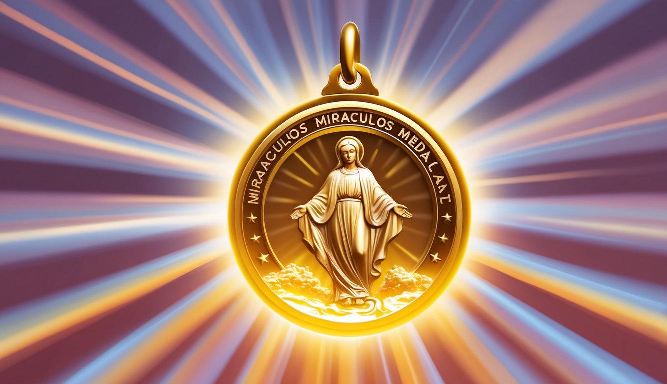 A glowing miraculous medal surrounded by rays of light