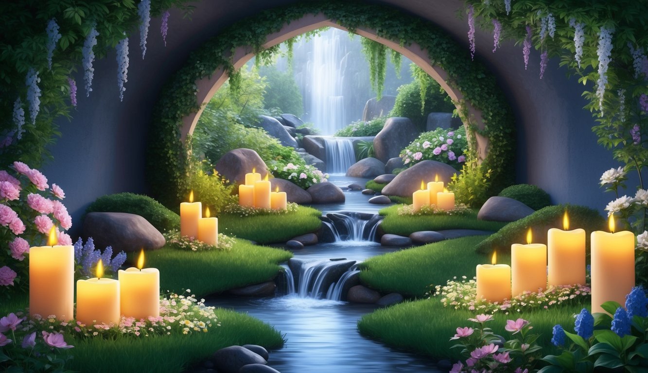 A serene, candlelit grotto with a flowing stream, surrounded by lush greenery and blooming flowers, with a sense of peace and reverence in the air