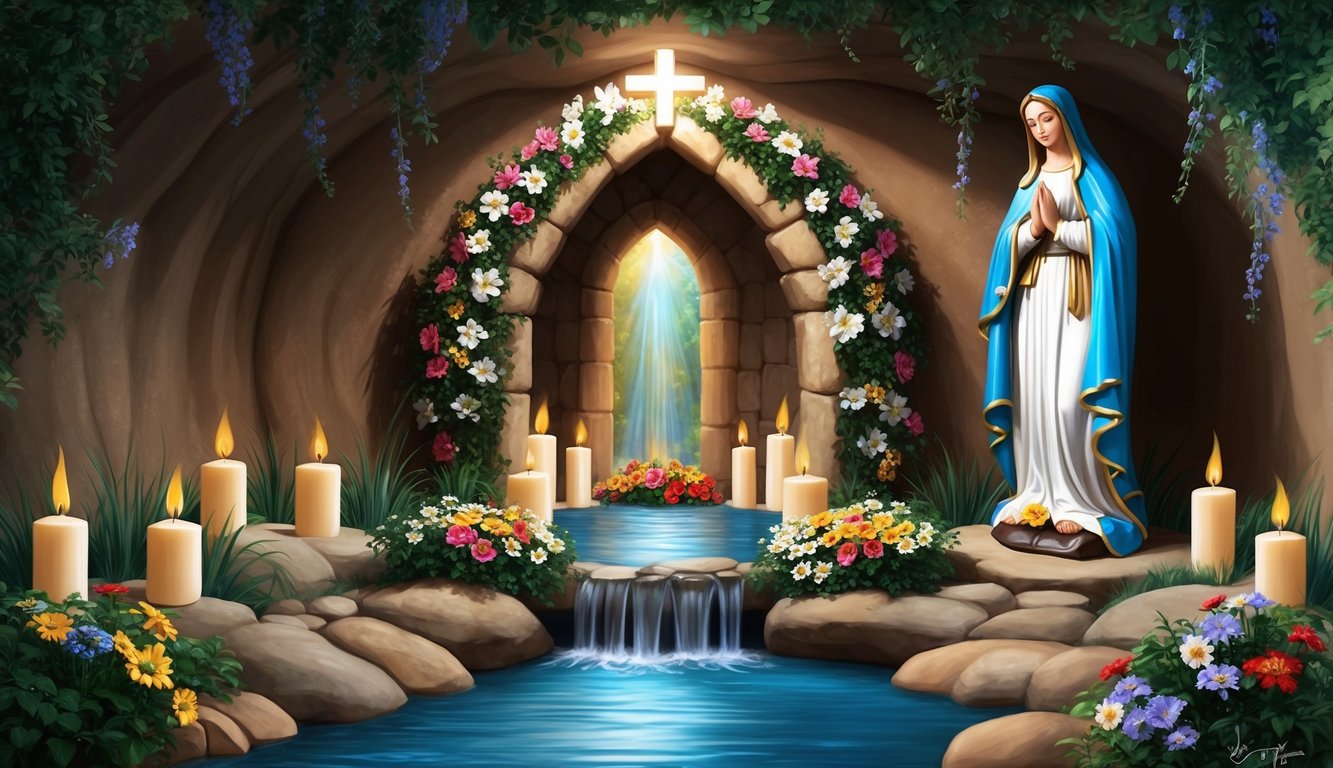 A peaceful grotto with a stream, candles, and flowers surrounding a statue of Our Lady of Lourdes