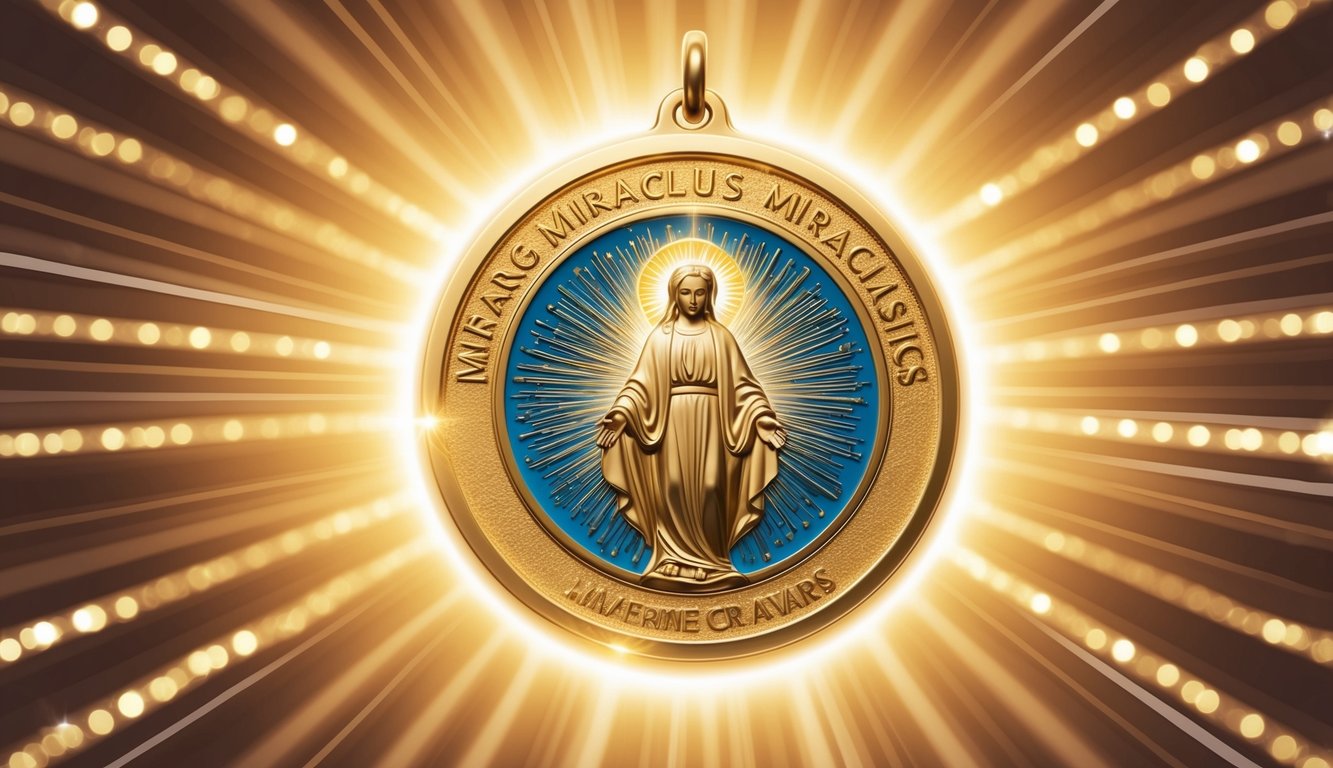 A glowing miraculous medal surrounded by shimmering rays of light