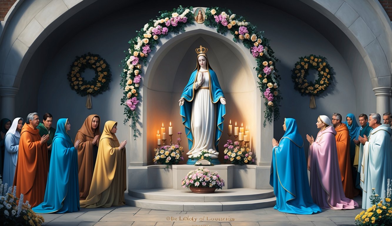 A serene grotto with candles, flowers, and a statue of Our Lady of Lourdes surrounded by devout worshippers