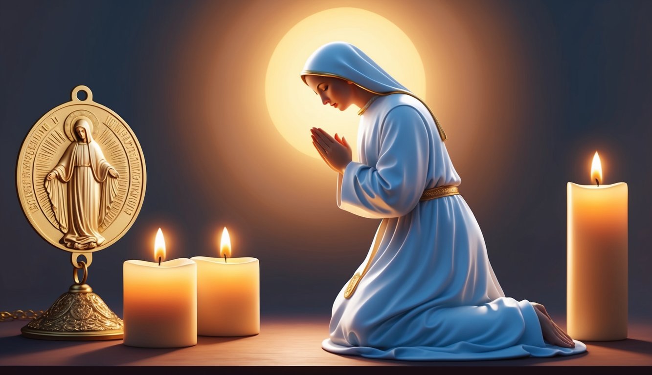 A serene figure kneels in prayer, surrounded by soft candlelight and the glow of a miraculous medal