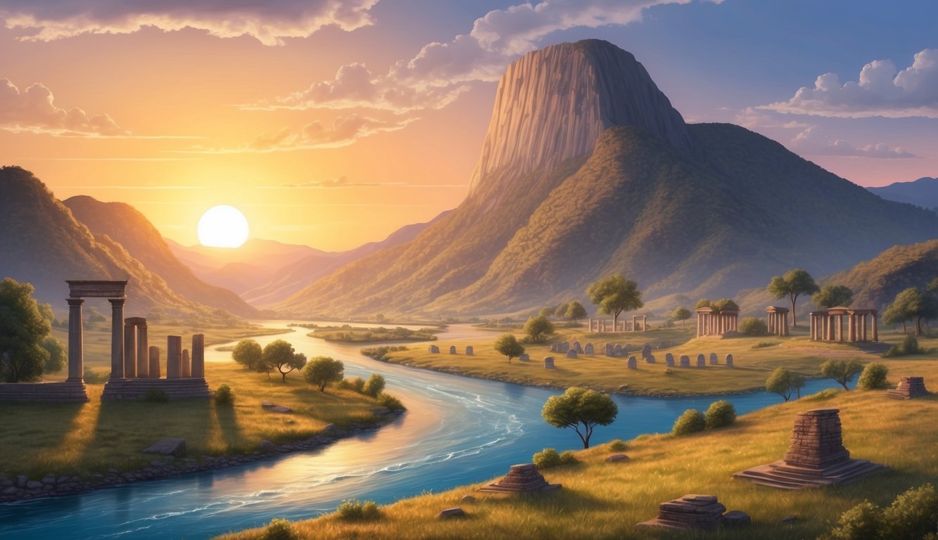 The sun sets behind a towering mountain, casting a golden glow over a serene valley dotted with ancient ruins and a flowing river