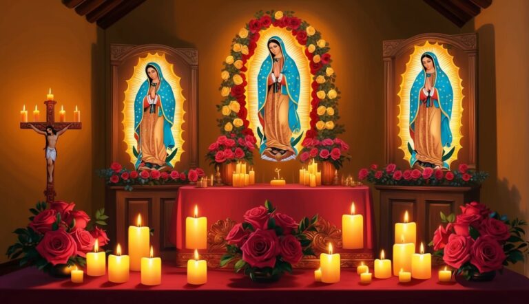 Altar with images of the Virgin Mary, candles, roses, and a crucifix