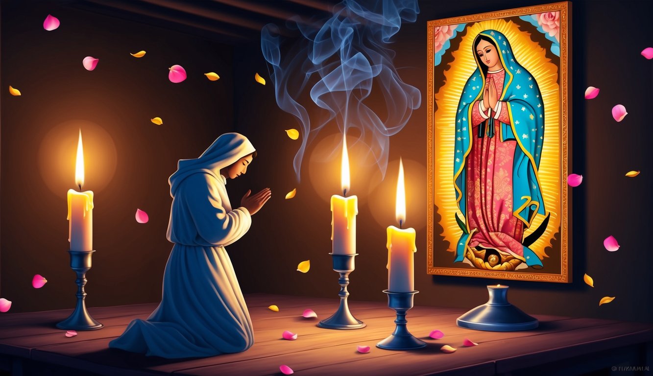 Candles flicker in a dimly lit room as a figure kneels in prayer before an image of Our Lady of Guadalupe.</p><p>Rose petals and incense fill the air