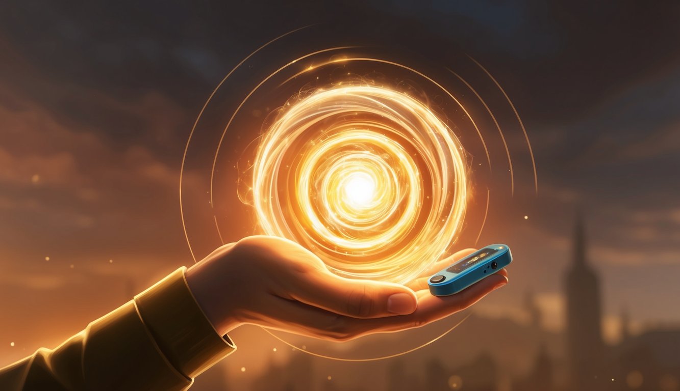 A glowing, swirling energy emanates from a small, handheld device, casting a warm, golden light over the surrounding area