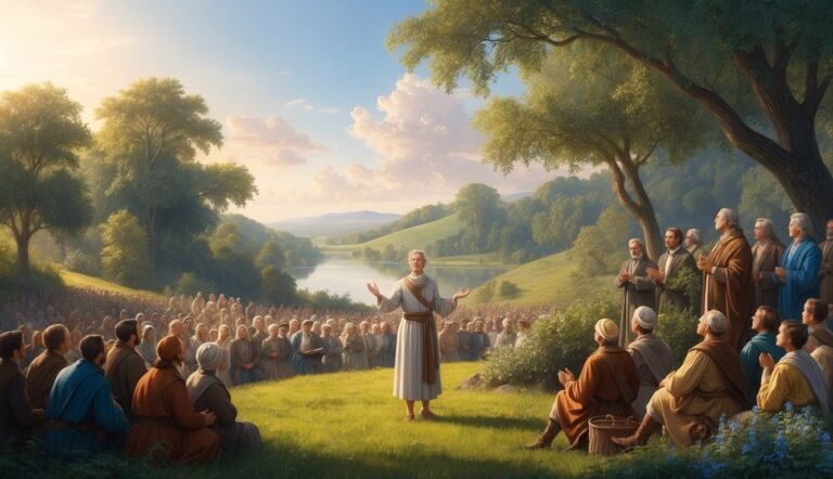 A man preaching to a large crowd in a scenic outdoor setting