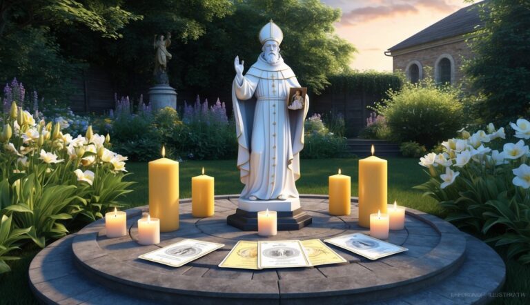 Statue of a saint surrounded by candles and cards in a garden