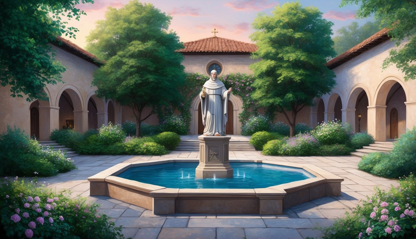 A serene monastery courtyard with a stone fountain surrounded by lush greenery and blooming flowers, with a statue of St. Benedict standing tall in the center