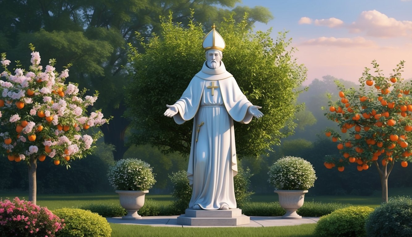 A serene garden with a statue of Saint Benedict surrounded by blooming fruit trees and a peaceful atmosphere