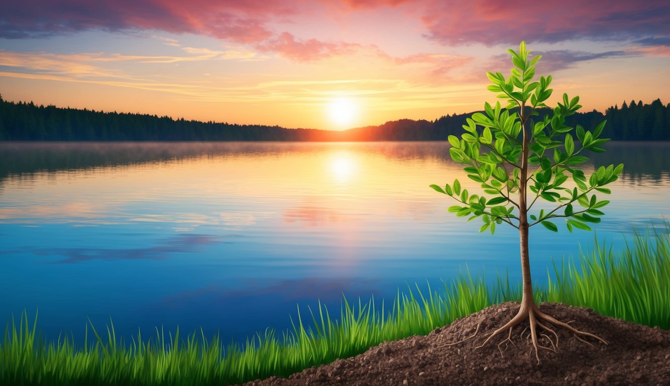 A sunrise over a tranquil lake, with a small sapling sprouting from the ground, symbolizing new beginnings and renewal