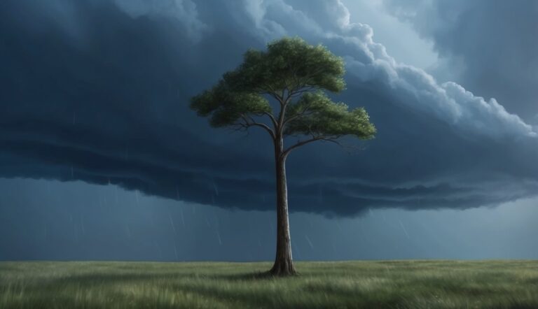 Lone tree in a field under a dark, stormy sky with rain