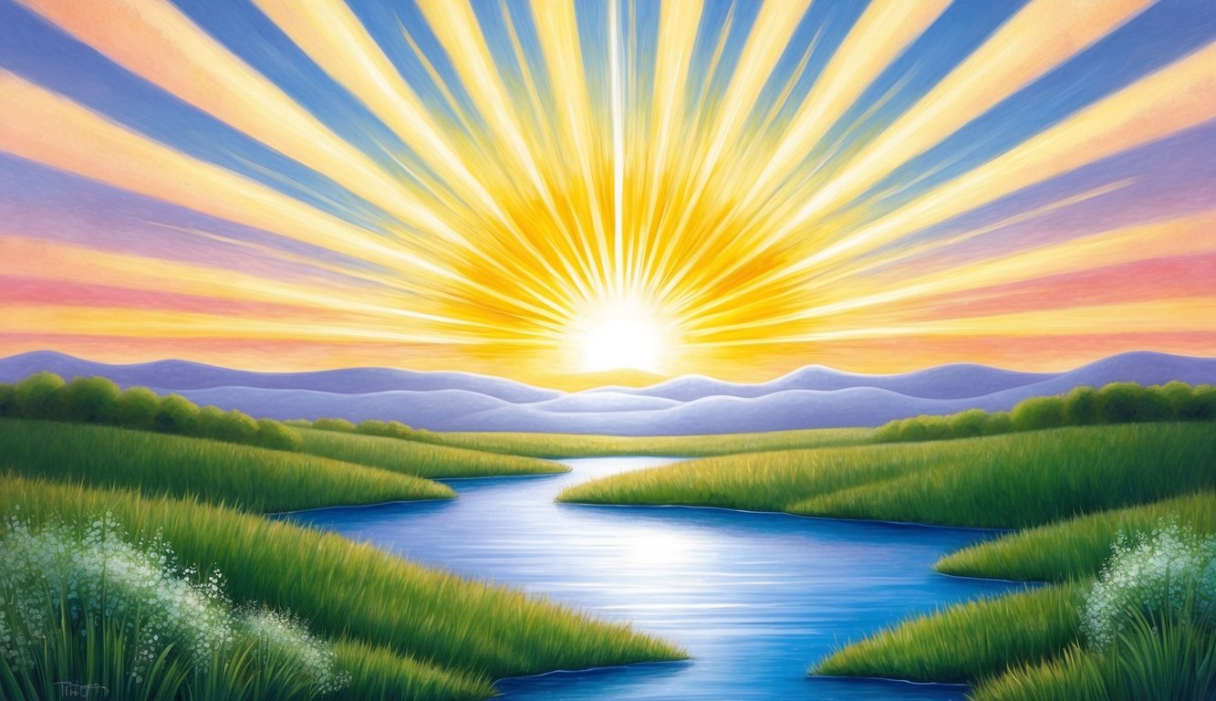 A radiant sunrise over a tranquil landscape, symbolizing new beginnings and transformation through God's love