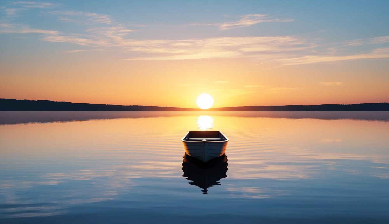 A sunrise over a calm lake, with a small boat heading towards the horizon, symbolizing a new beginning