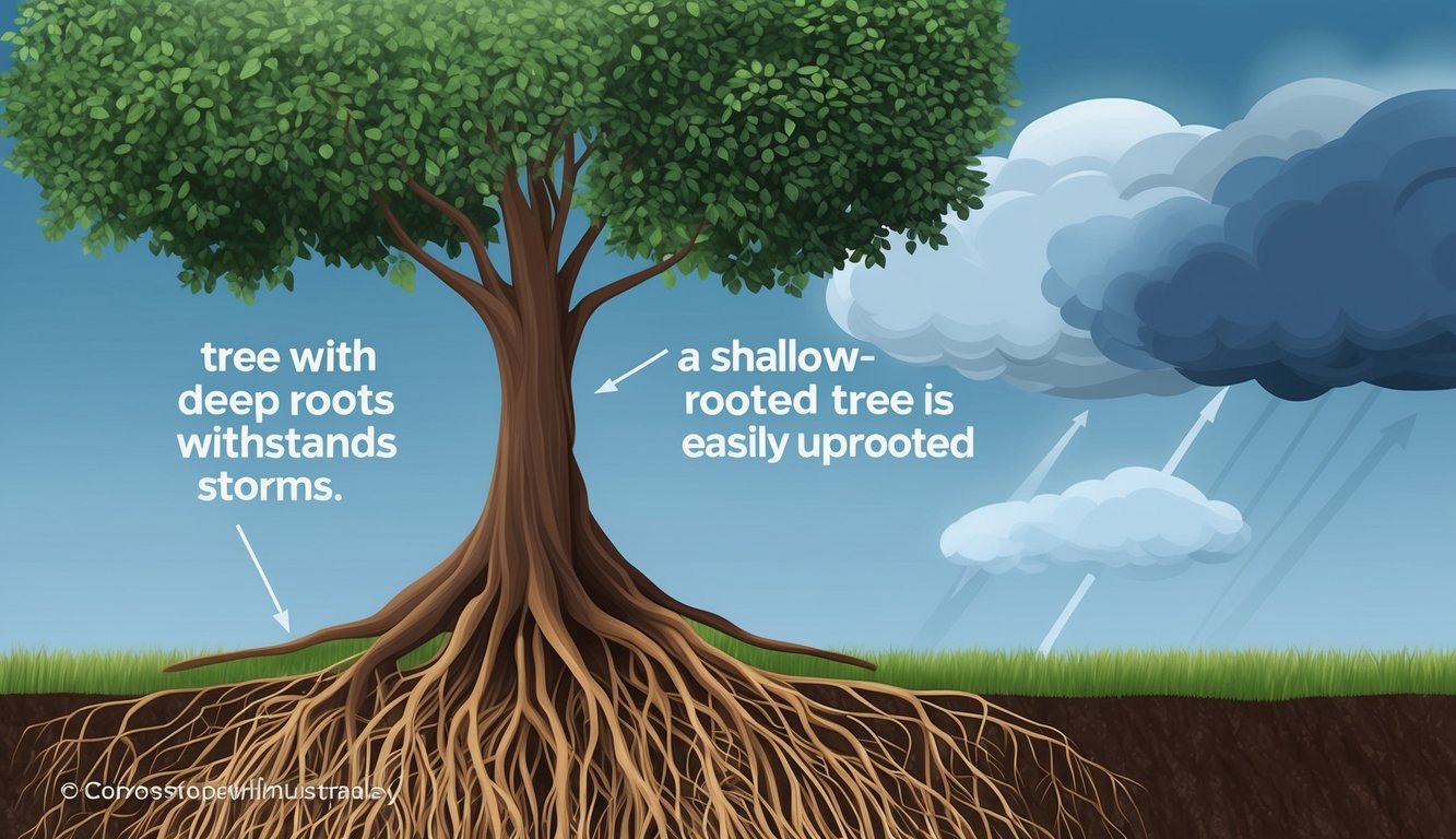 A tree with deep roots withstands storms, while a shallow-rooted tree is easily uprooted