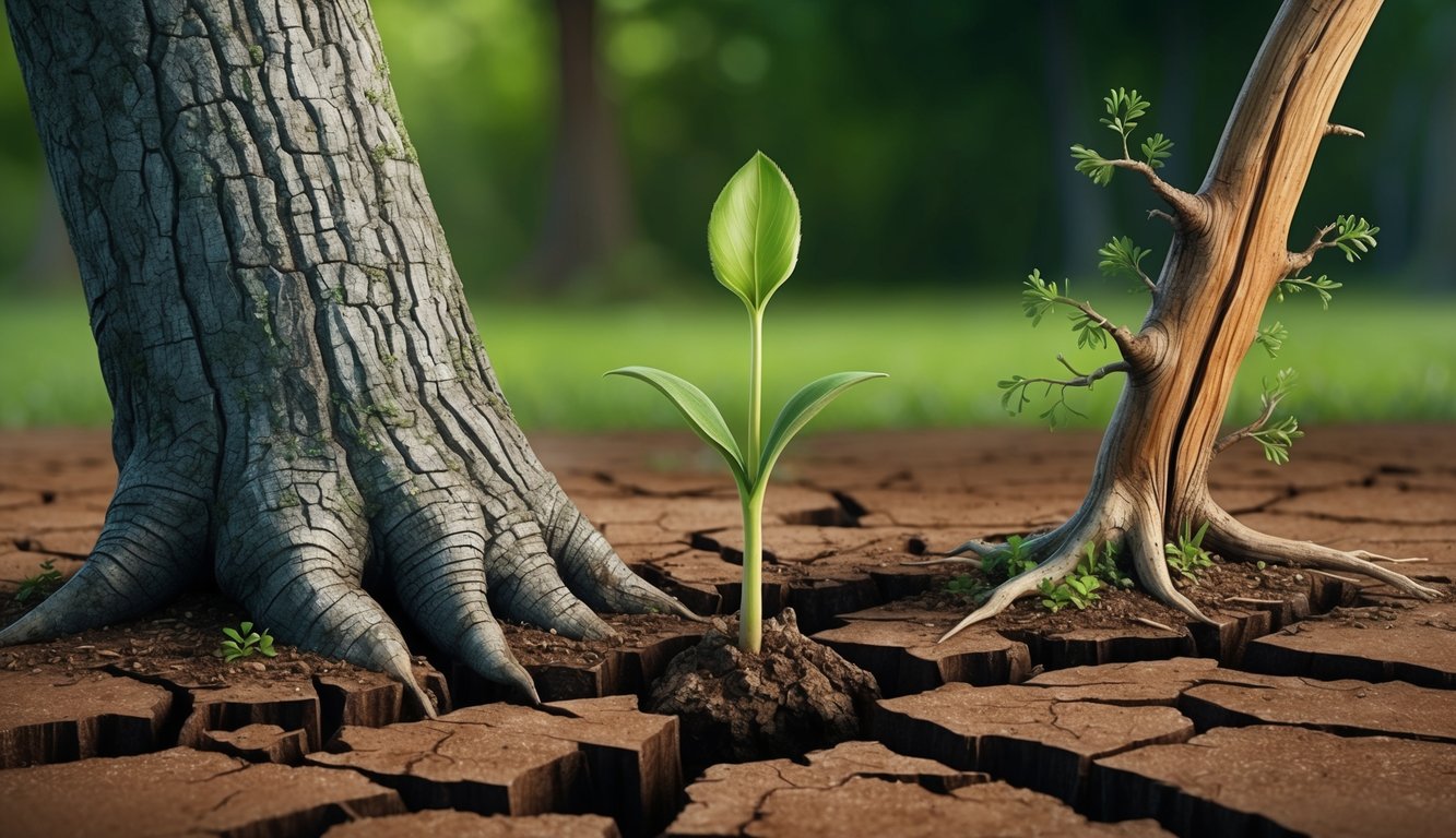 A seedling emerges from the cracked earth, while nearby a fallen tree begins to sprout new shoots