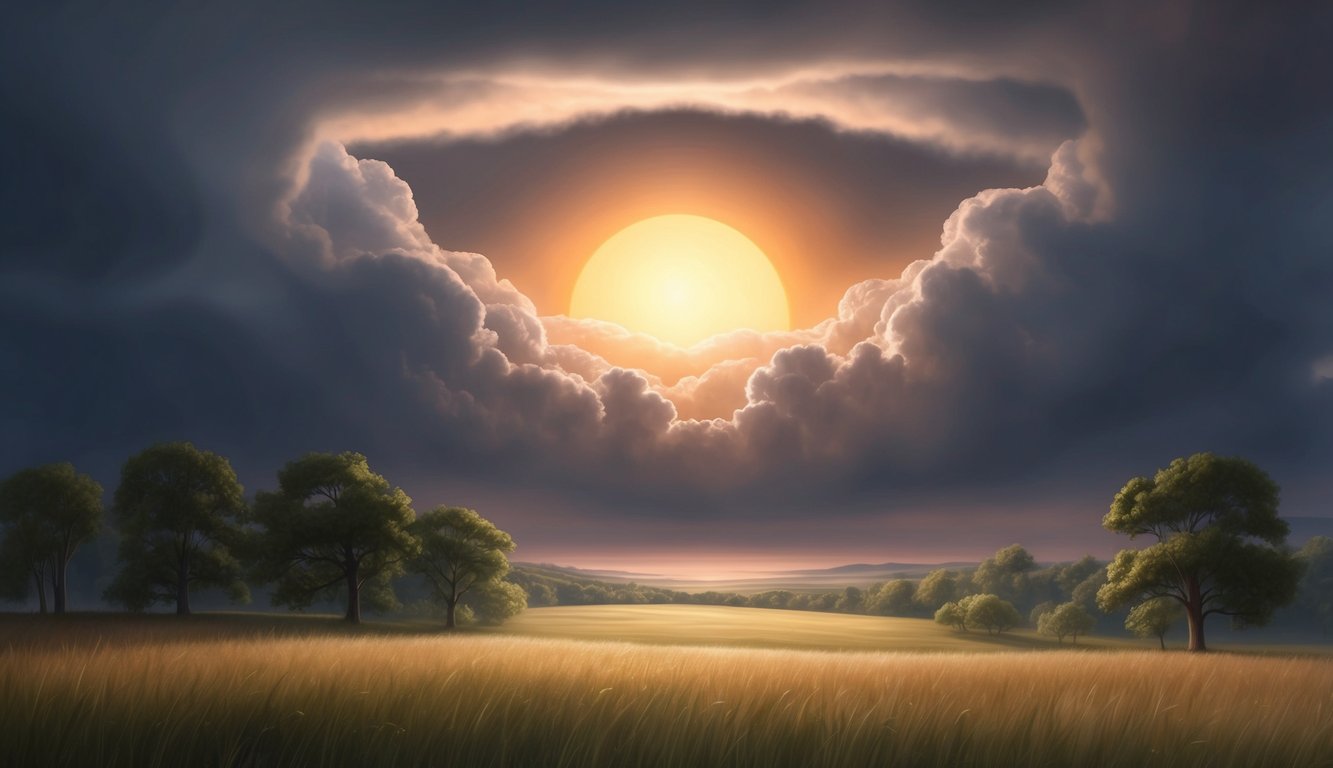 A radiant sun breaking through dark storm clouds, casting its warm light over a peaceful landscape