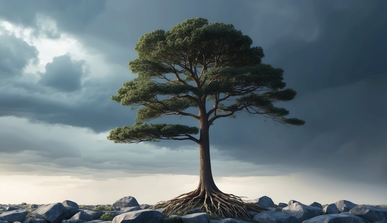 A lone tree stands tall against a stormy sky, its roots firmly anchored in the rocky ground, symbolizing resilience and the ability to overcome adversity