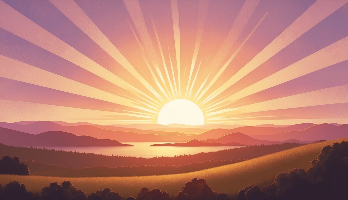 A radiant sunrise over a serene landscape, casting a warm glow on the world below