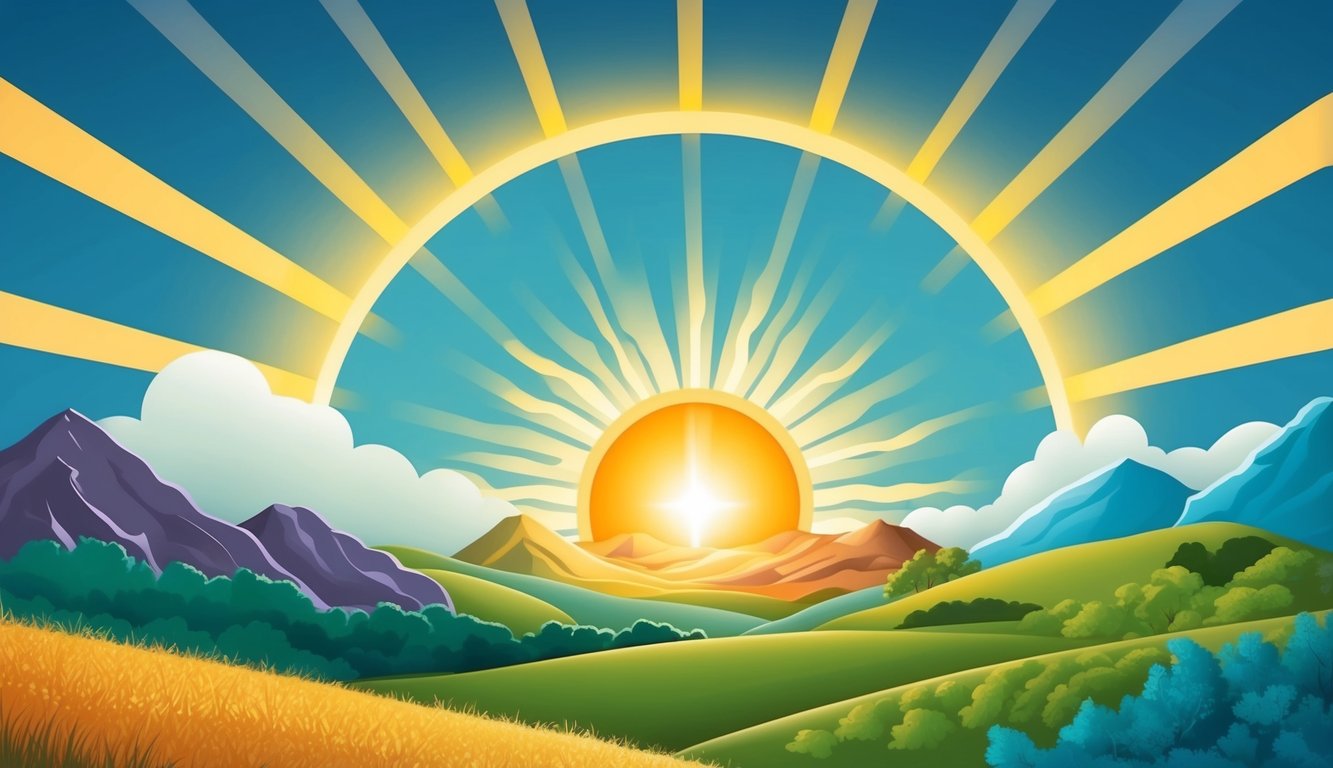 A radiant sun shining over diverse landscapes, symbolizing Jesus as the light of the world