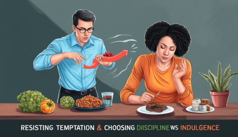 Man with arrow pointing away from food, woman with dessert, healthy vs. unhealthy