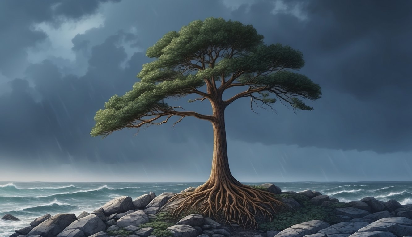 A lone tree standing tall against a storm, roots firmly anchored in rocky ground