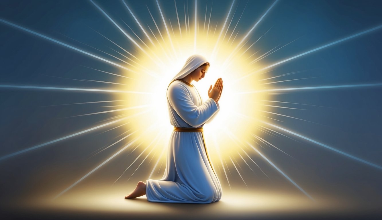 A serene figure kneels in prayer, surrounded by a glowing aura of protection.</p><p>Rays of light emanate from their form, warding off darkness