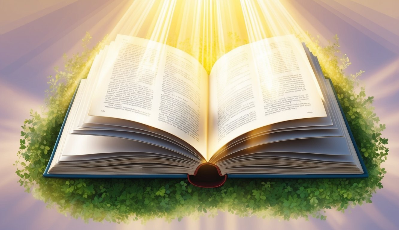 A serene, open book surrounded by a radiant glow, with beams of light shining down onto the pages from above