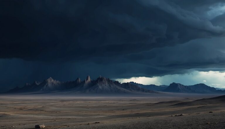 Dramatic dark storm clouds over a rugged mountain range and desert landscape