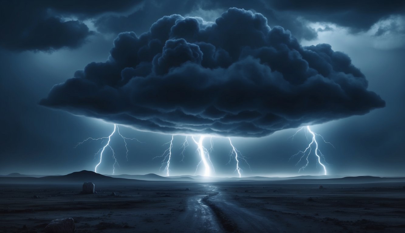 A dark storm looms over a desolate landscape, with ominous clouds and lightning striking the ground.</p><p>A sense of impending doom is conveyed through the use of symbolic imagery