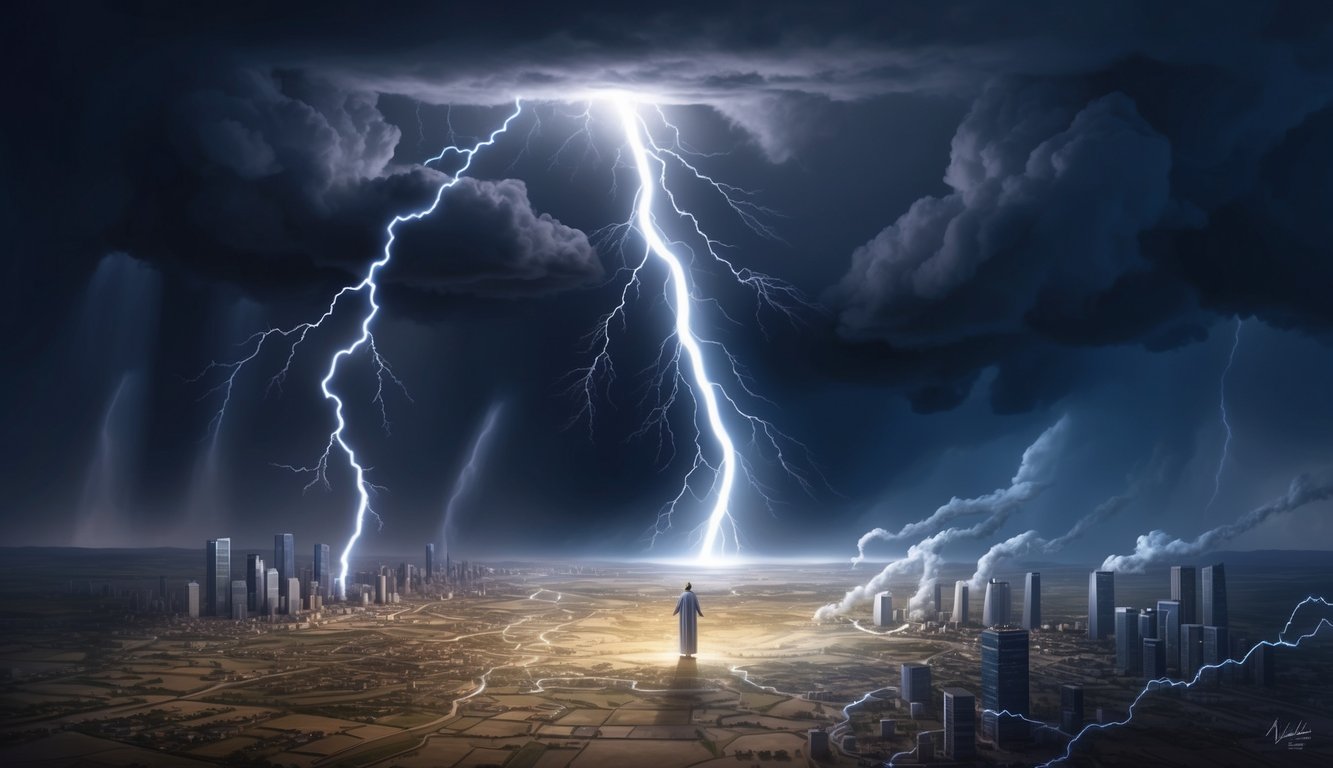 A powerful storm engulfs the world, with lightning striking the land and dark clouds looming over the nations.</p><p>Israel stands firm amidst the chaos