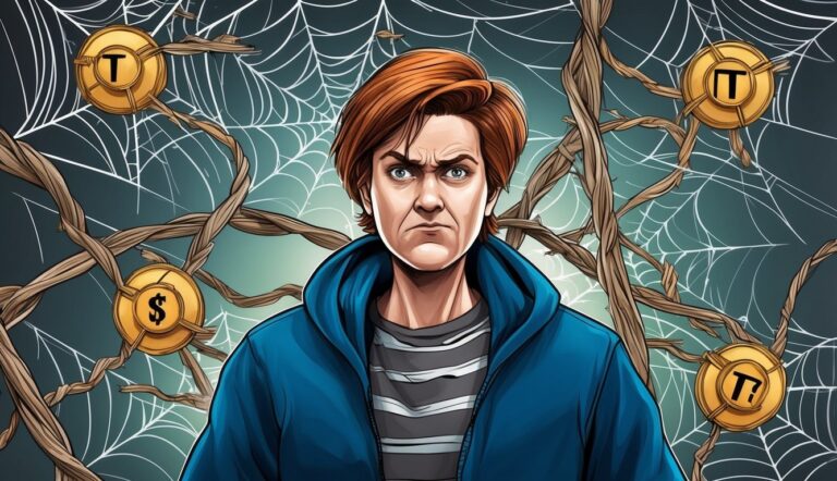 Man in blue hoodie surrounded by spiderwebs and tokens