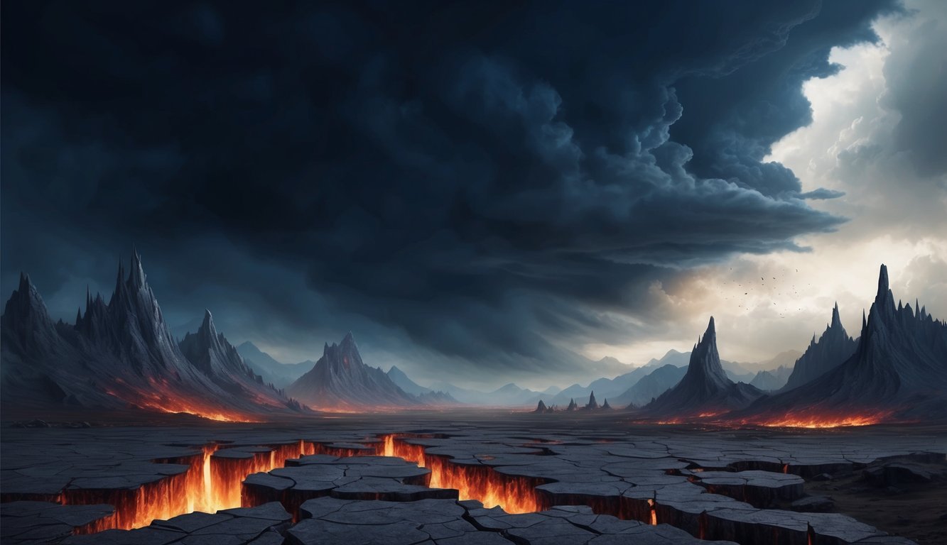 A dark, stormy sky looms over a desolate landscape, with jagged mountains and fiery cracks in the earth