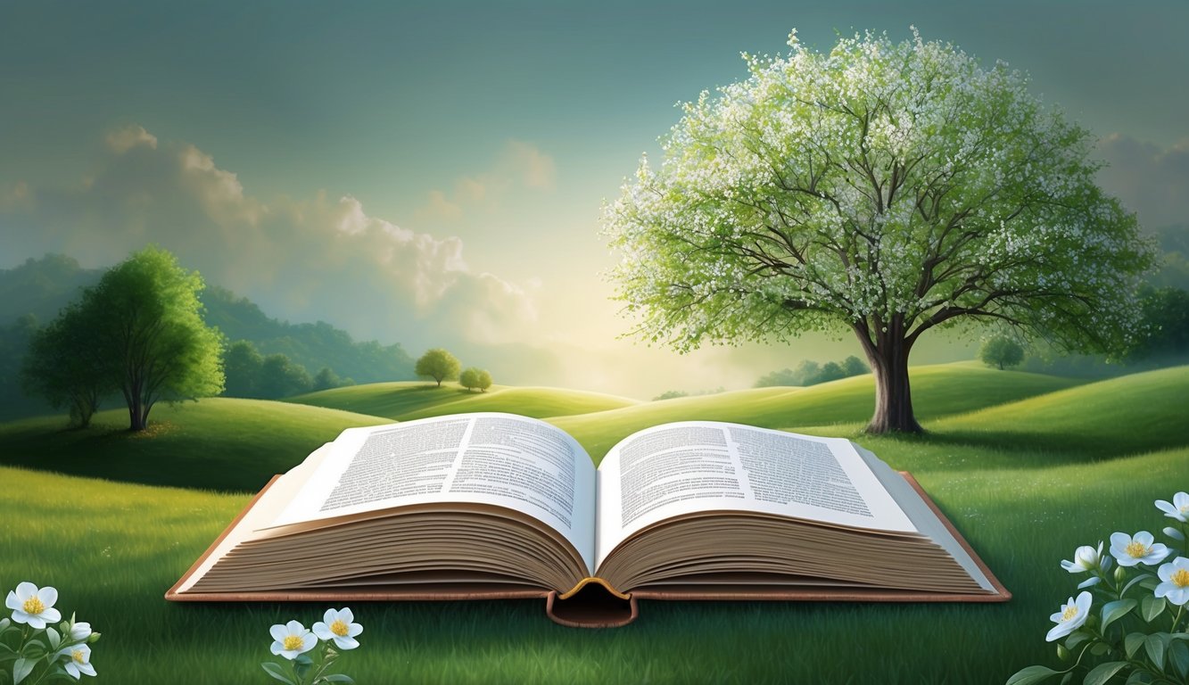 A serene landscape with an open book and a blooming tree, symbolizing renewal and truth