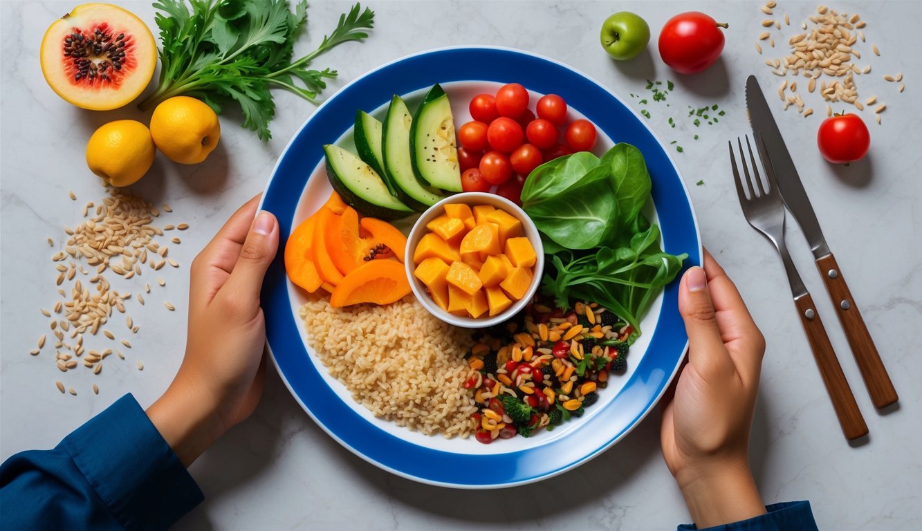 A colorful plate with a variety of fruits, vegetables, and grains.</p><p>A person is choosing a vegetarian option over meat