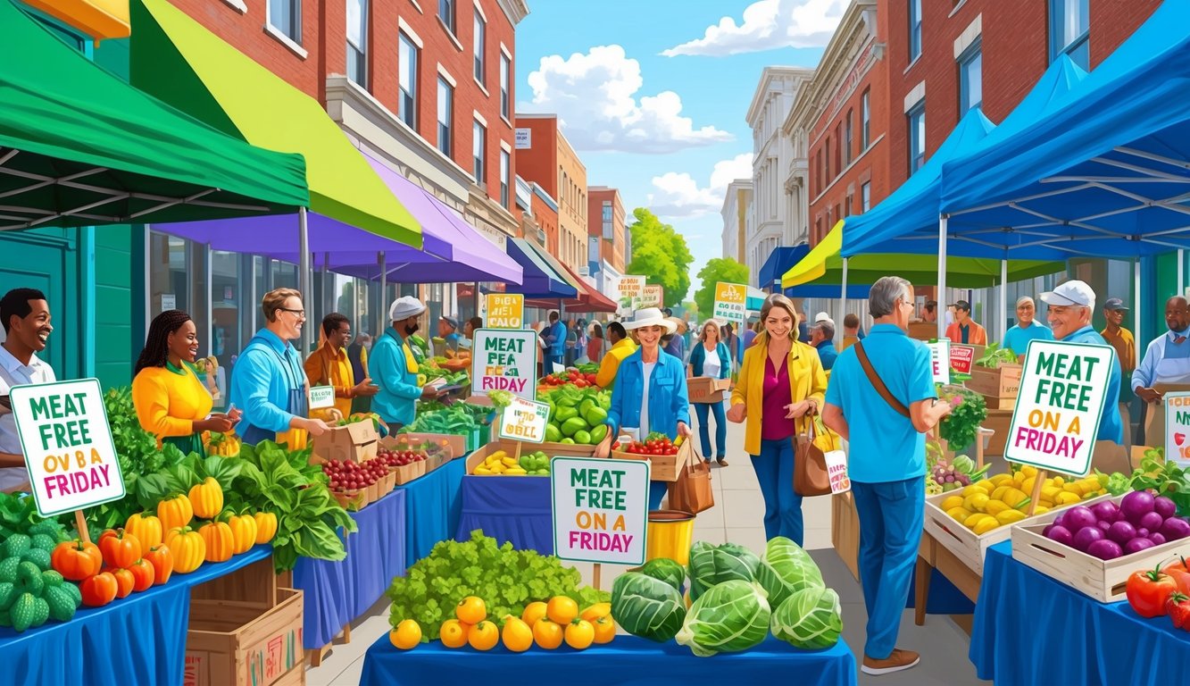 A bustling market with colorful produce and signs promoting meat-free options on a Friday.</p><p>People gather to support community and charitable causes