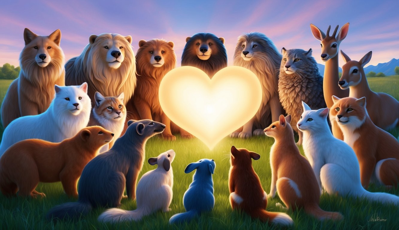 A diverse group of animals peacefully gathered around a glowing heart, symbolizing love and unity