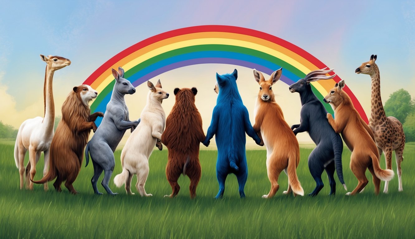 A circle of diverse animals standing together under a rainbow, symbolizing unity