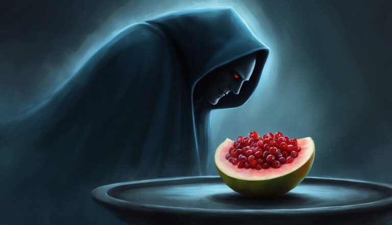 A hooded figure with red eyes gazes at a pomegranate on a tray