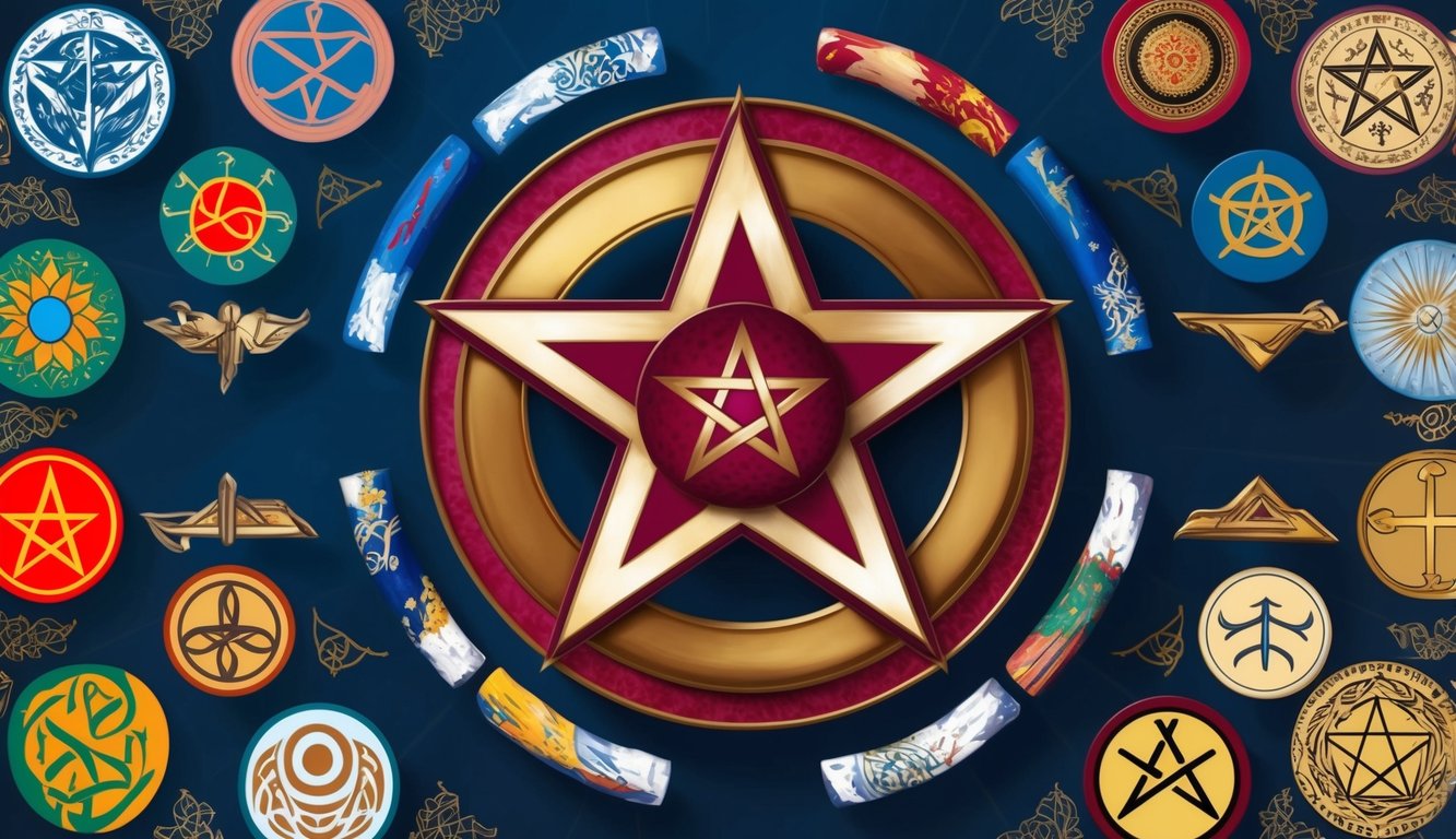 A pentagram surrounded by symbols of different cultures and religions