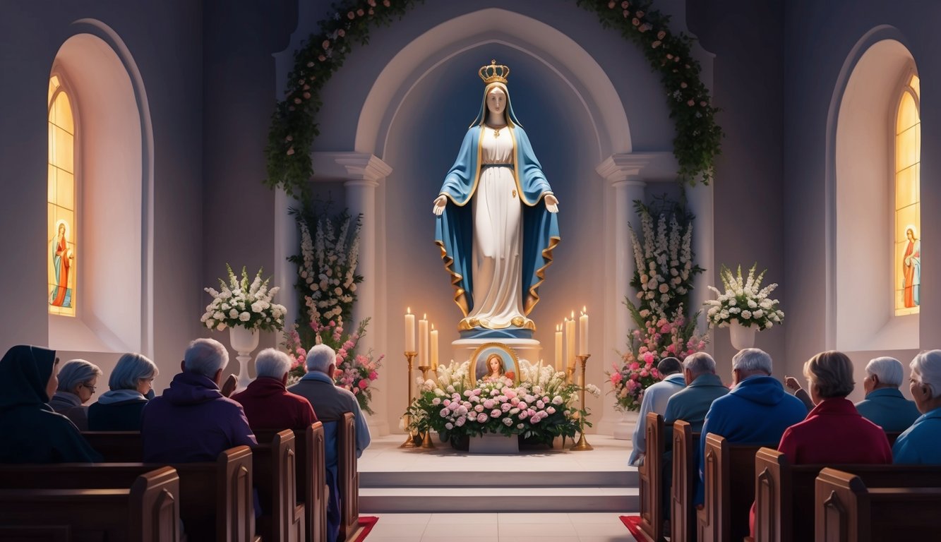 A serene, candlelit chapel with a statue of Our Lady of Perpetual Help surrounded by flowers and devout worshippers