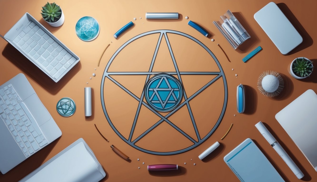 A pentagram surrounded by modern objects, representing spirituality in a contemporary setting